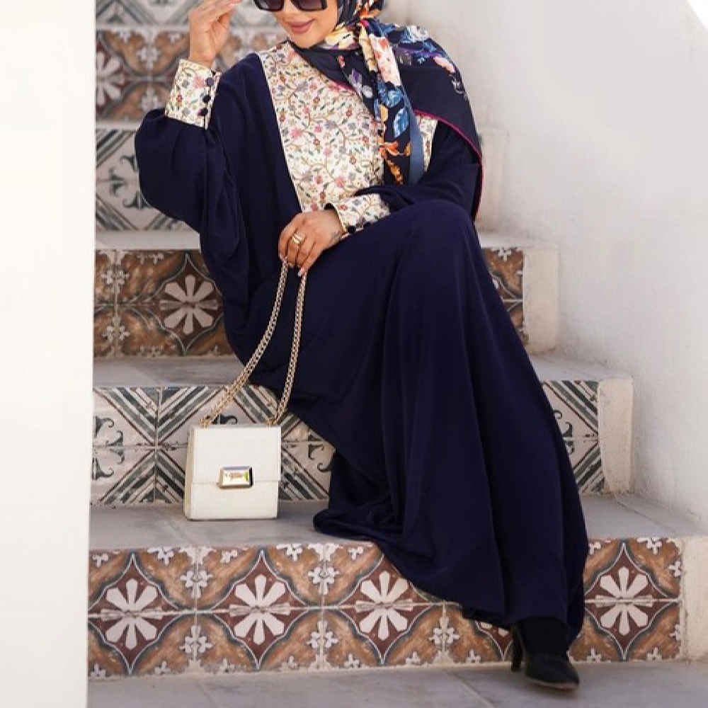 Price and Buy Stylish Abaya for Muslim Women with Floral Navy Blue Crepe Fabric - Image 4
