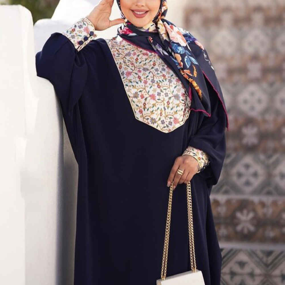 Price and Buy Stylish Abaya for Muslim Women with Floral Navy Blue Crepe Fabric - Image 5