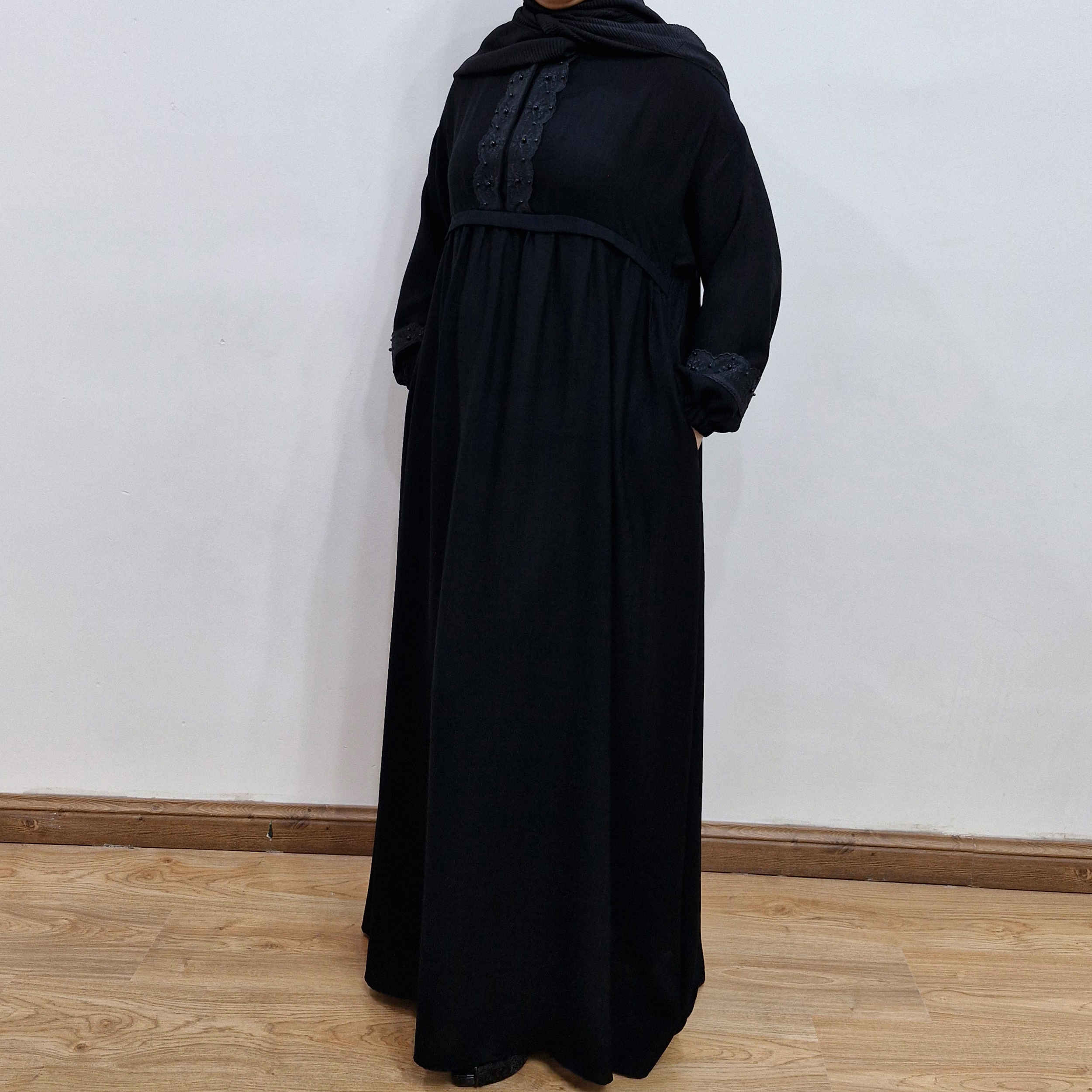 Price and Buy Stylish Loose Fit Abaya for Muslim Women in Black Crepe Fabric - Image 4