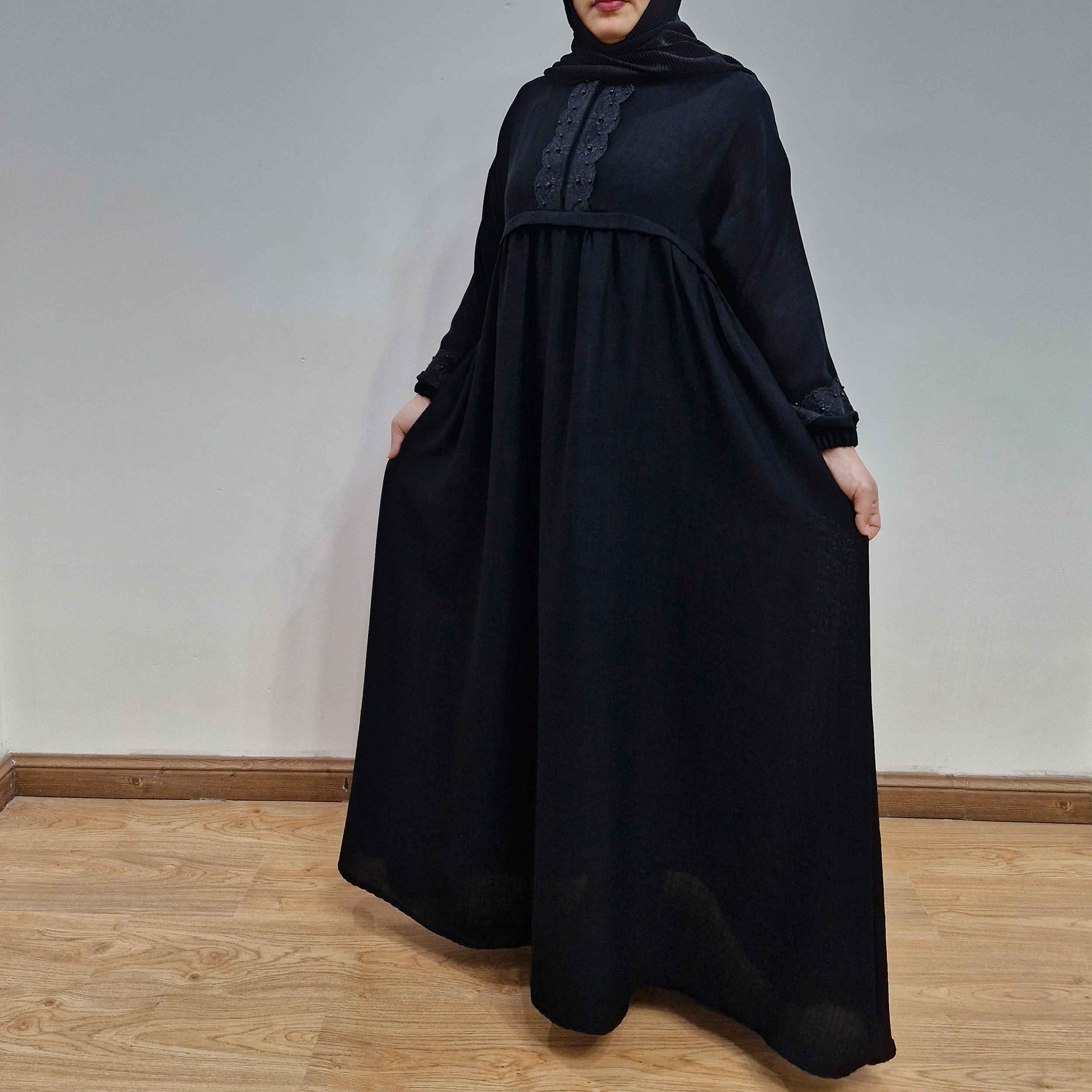 Price and Buy Stylish Loose Fit Abaya for Muslim Women in Black Crepe Fabric - Image 6