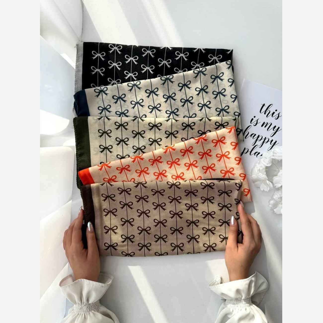 Price and Buy Stylish Mini Headscarf – Cream Foundation & Colorful Bow Detail_690335792ca94.jpeg Price and Buy Stylish Mini Headscarf – Cream Foundation & Colorful Bow Detail - Image 1