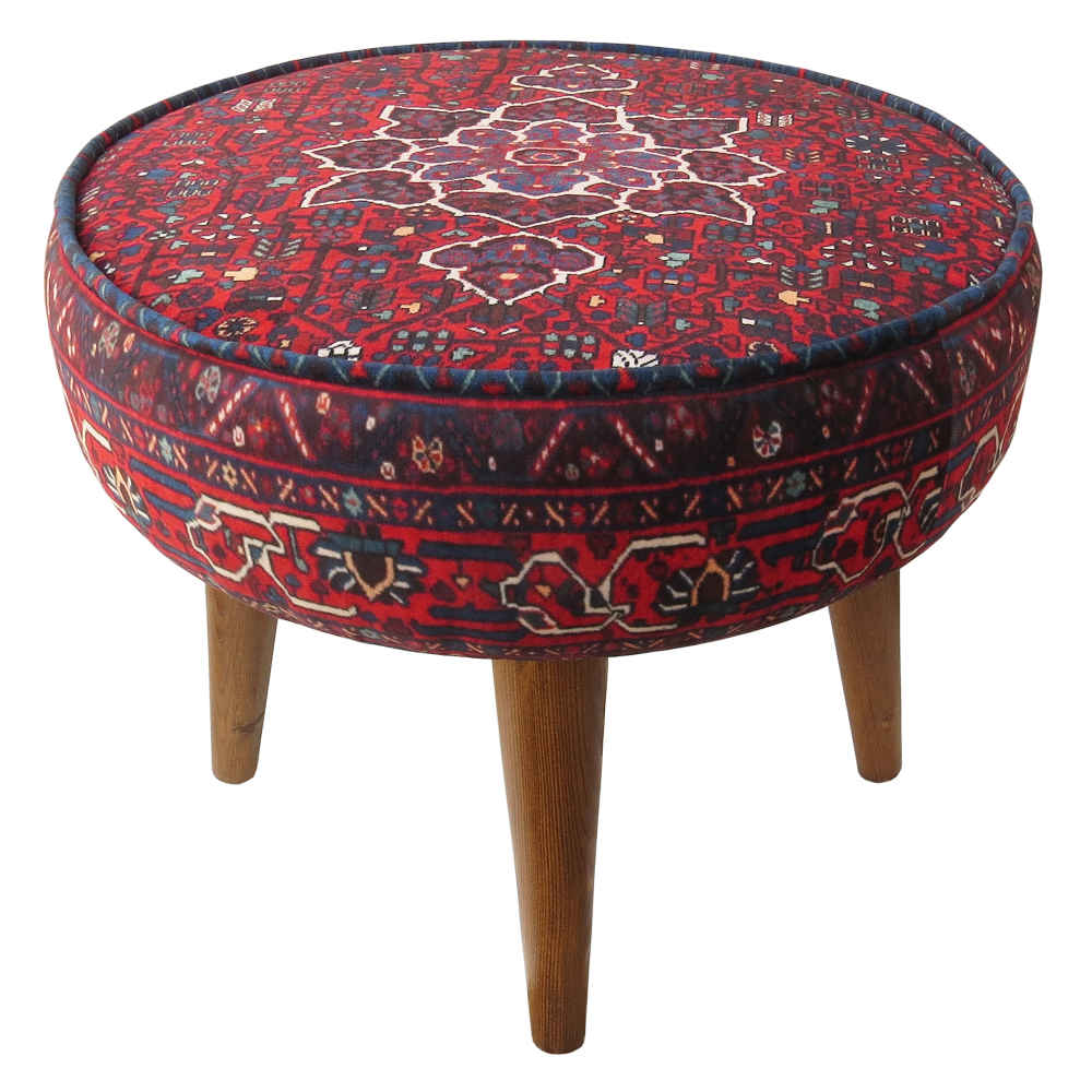 Price and Buy Traditional Red Persian Footstool with Wooden Legs and Velvet Fabric Arka