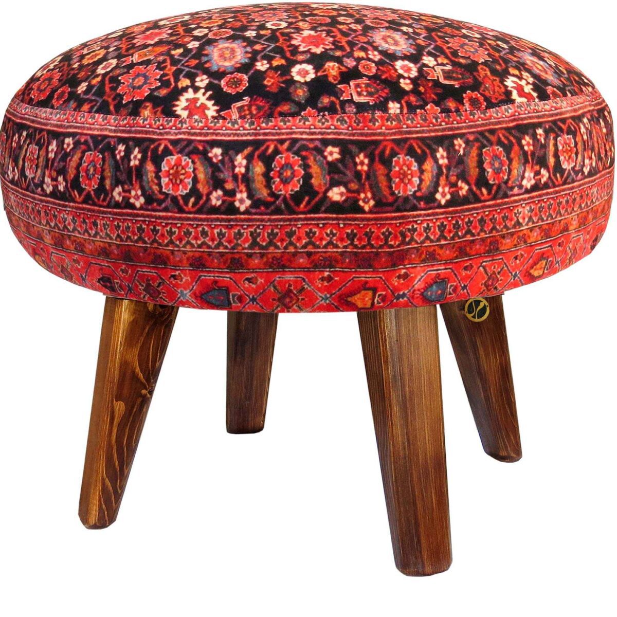 Price and Buy Traditional Red Persian Footstool with Wooden Legs and Velvet Fabric Artistic