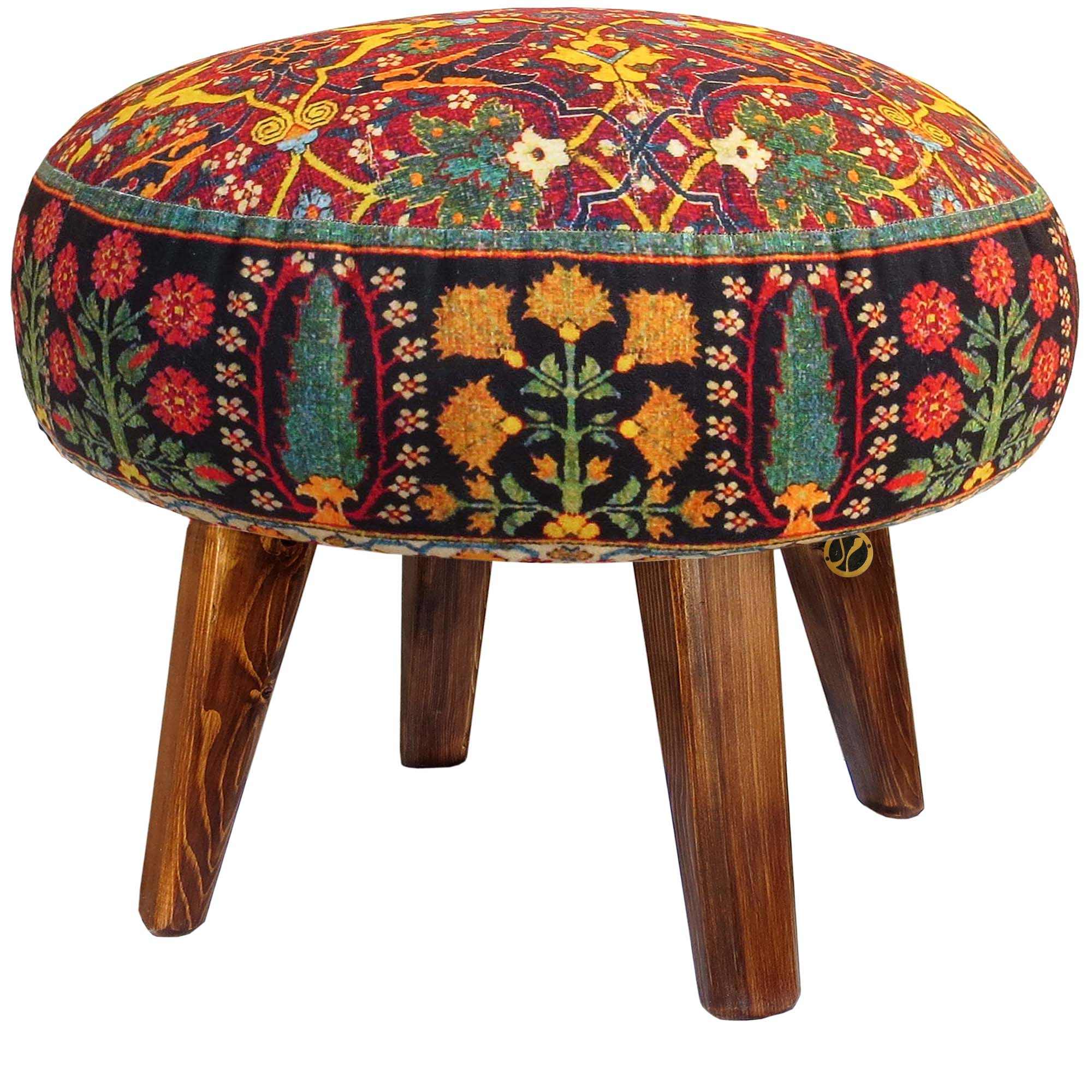 Price and Buy Traditional Red Persian Footstool with Wooden Legs and Velvet Fabric Floral