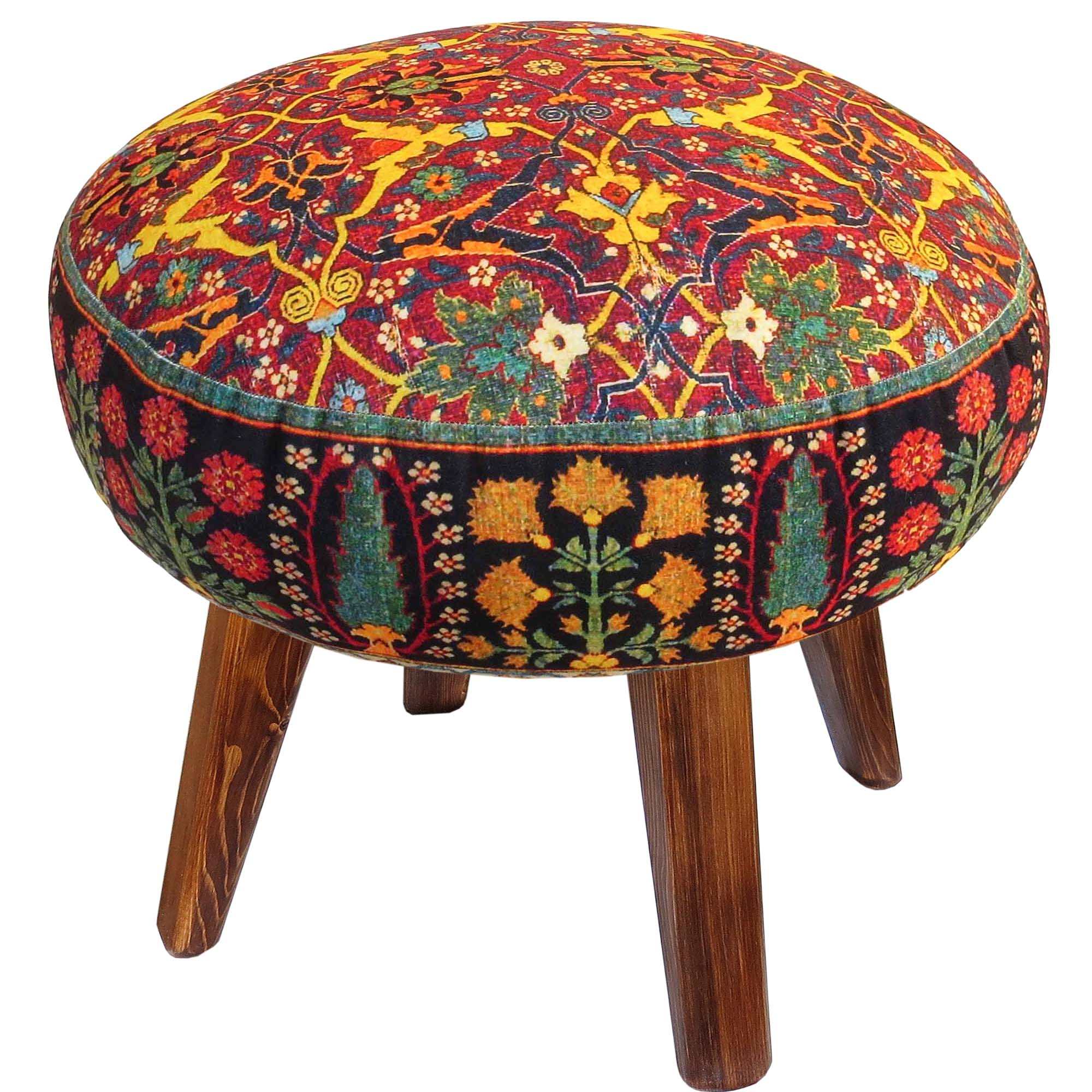 Price and Buy Traditional Red Persian Footstool with Wooden Legs and Velvet Fabric Floral - Image 5