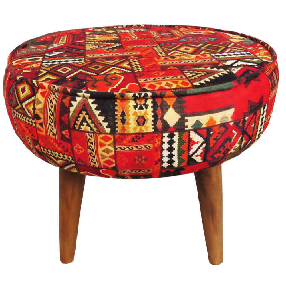 Price and Buy Traditional Red Persian Footstool with Wooden Legs and Velvet Fabric Mohana
