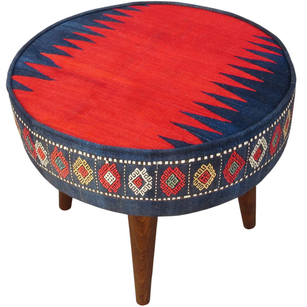 Price and Buy Traditional Red Persian Footstool with Wooden Legs and Velvet Fabric Navy Blue Farsh