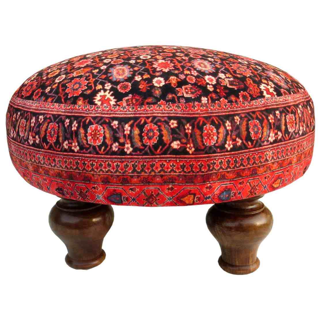 Price and Buy Traditional Red Persian Footstool with Wooden Legs and Velvet Fabric Round - Image 3