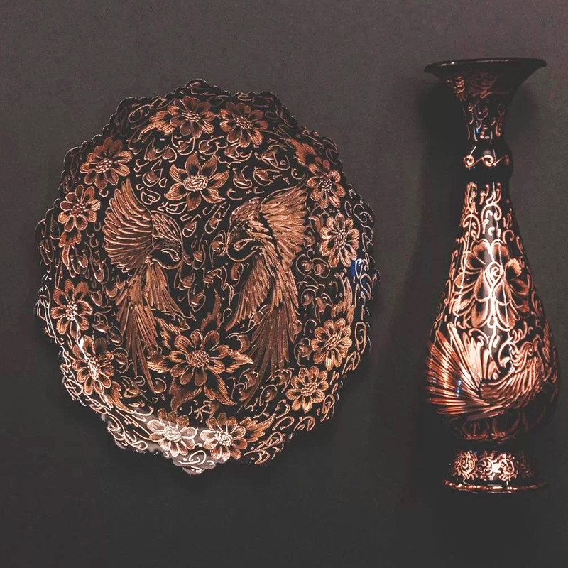 Price and Buy Treasured Persian Artisanal Gift Set Engraved Copper Plate & Vase - Image 6