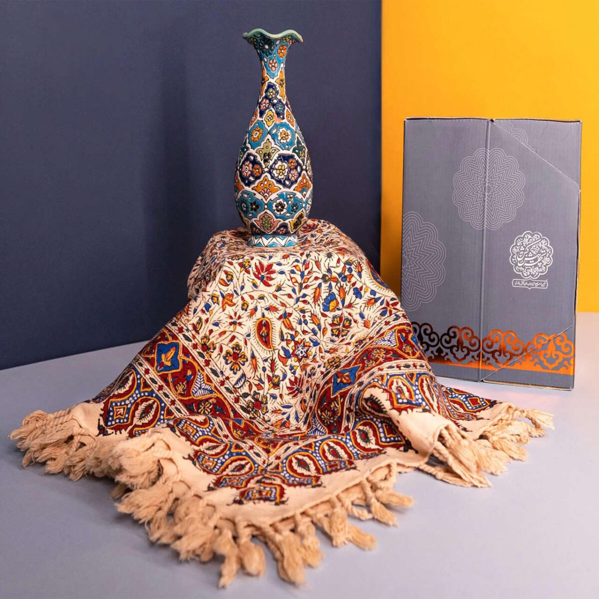 Price and Buy Treasured Persian Artisanal Gift Set Minakari Vase & Tablecloth - Image 3