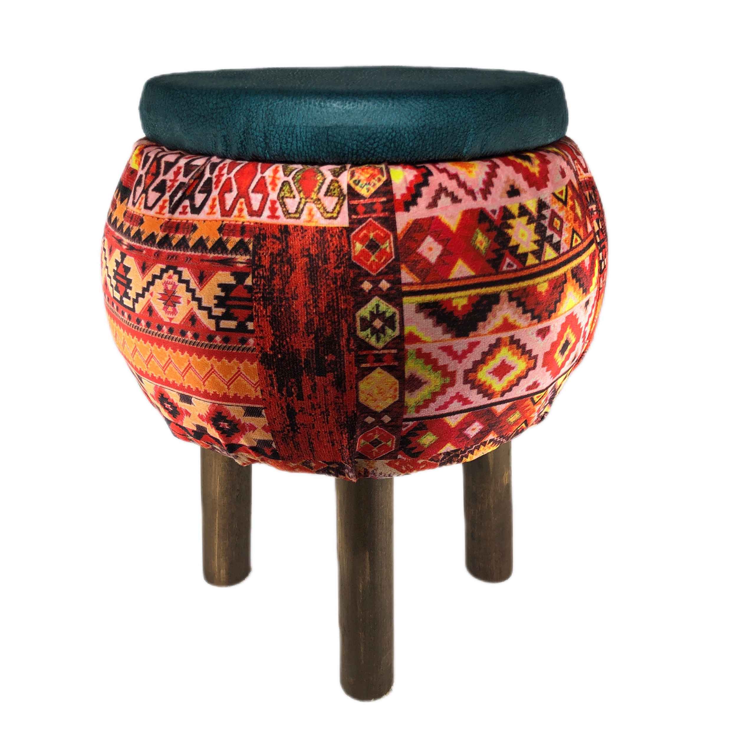 Price and Buy Velvet Footstool with Wooden Legs Inspired by Persian Art Round and with Red Color - Image 3