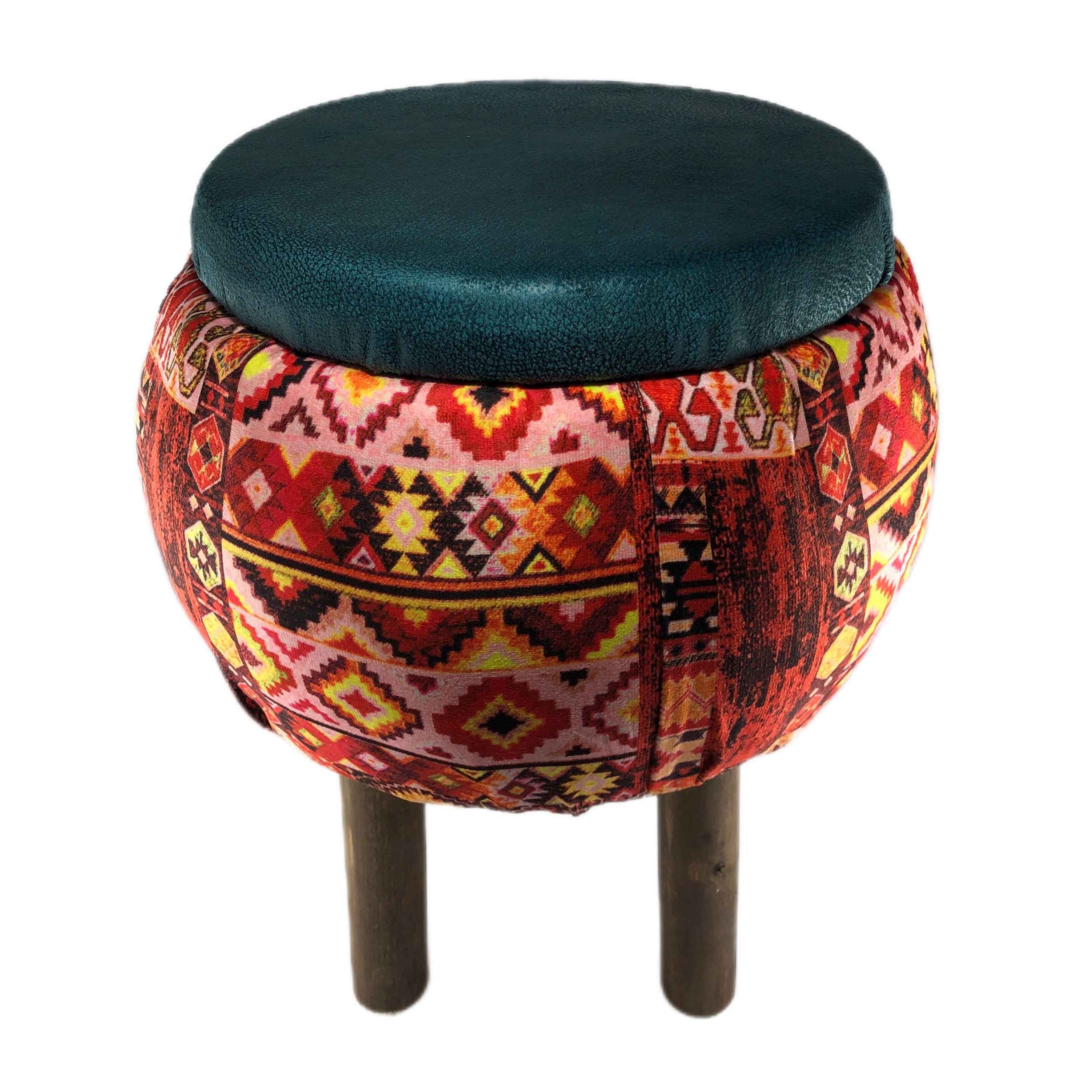 Price and Buy Velvet Footstool with Wooden Legs Inspired by Persian Art Round and with Red Color - Image 4