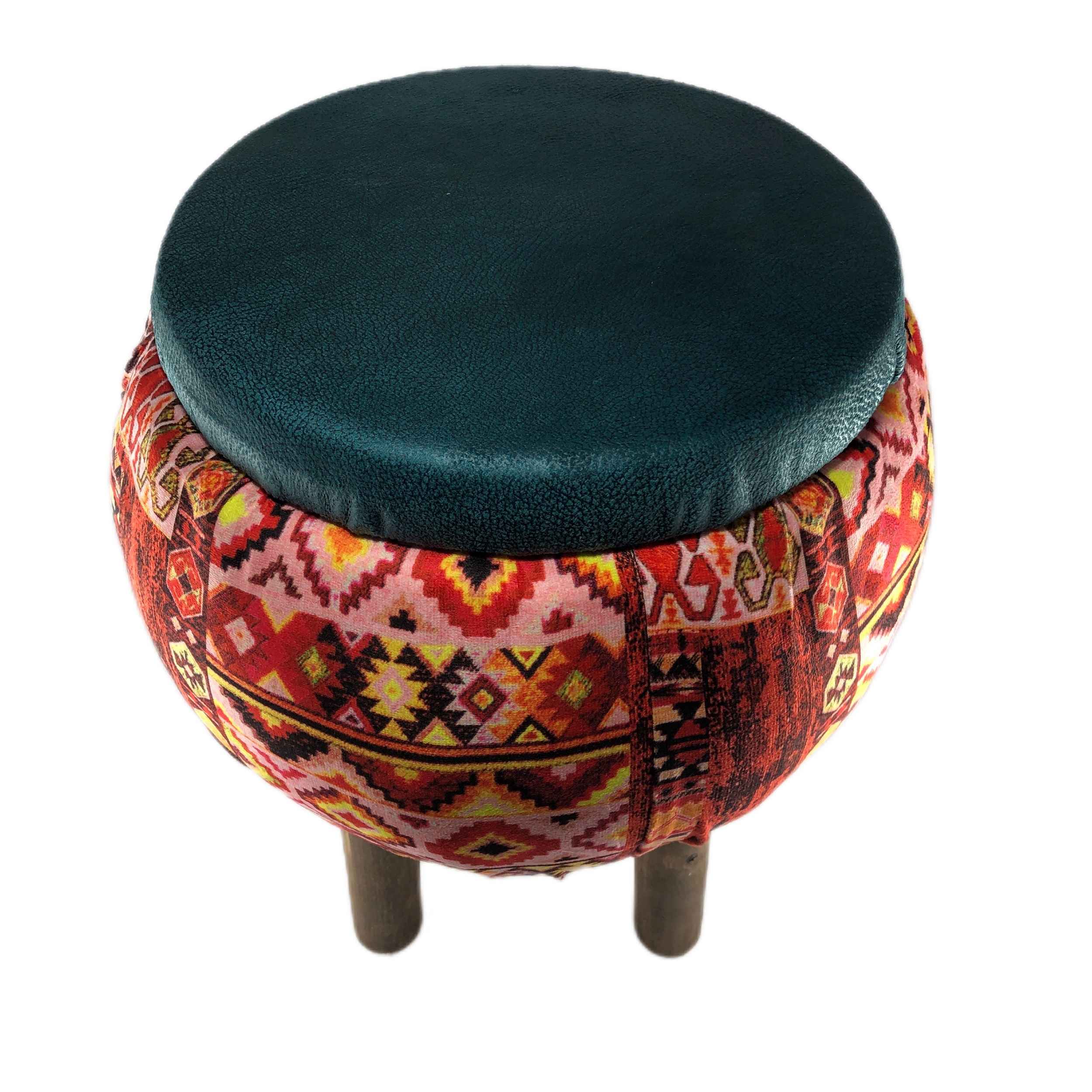 Price and Buy Velvet Footstool with Wooden Legs Inspired by Persian Art Round and with Red Color - Image 5