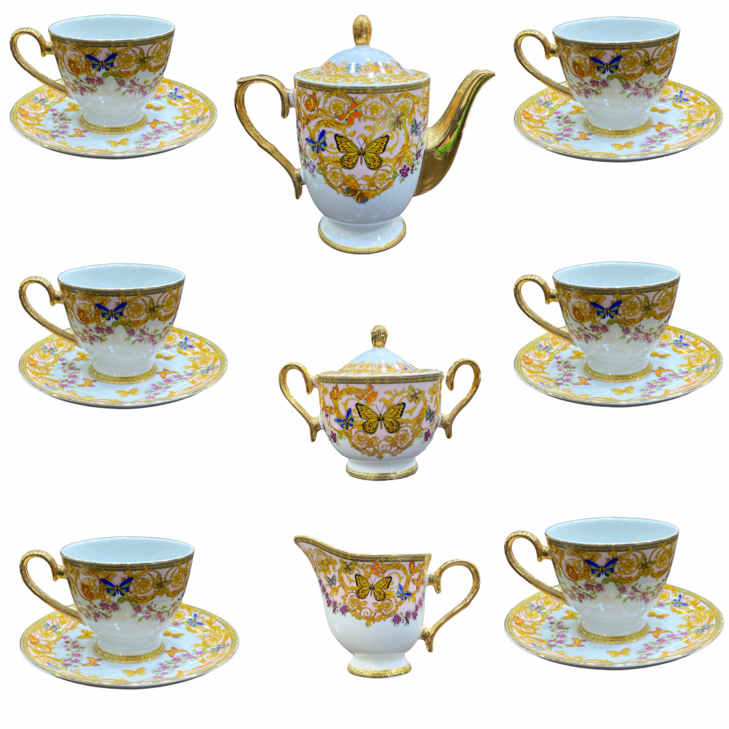 Price and Buy Victorian Porcelain Tea Set with Butterfly & Flower Pattern & Teapot and Saucer