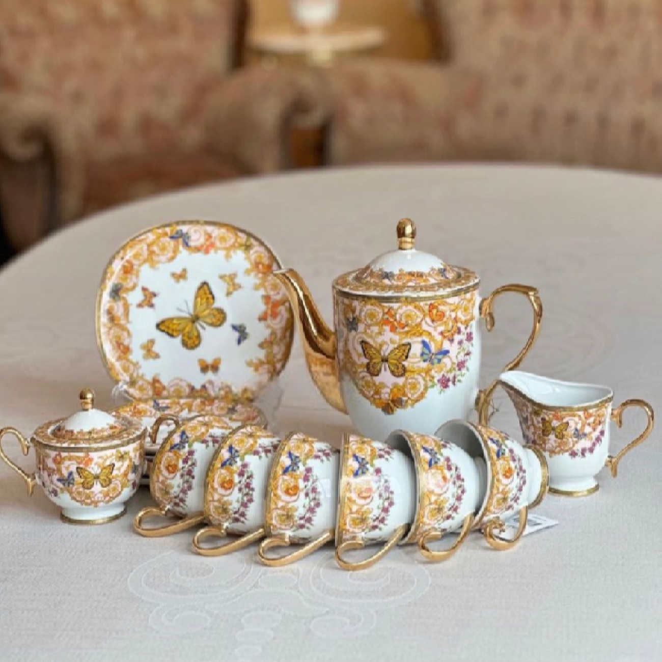Price and Buy Victorian Porcelain Tea Set with Butterfly & Flower Pattern & Teapot and Saucer - Image 8