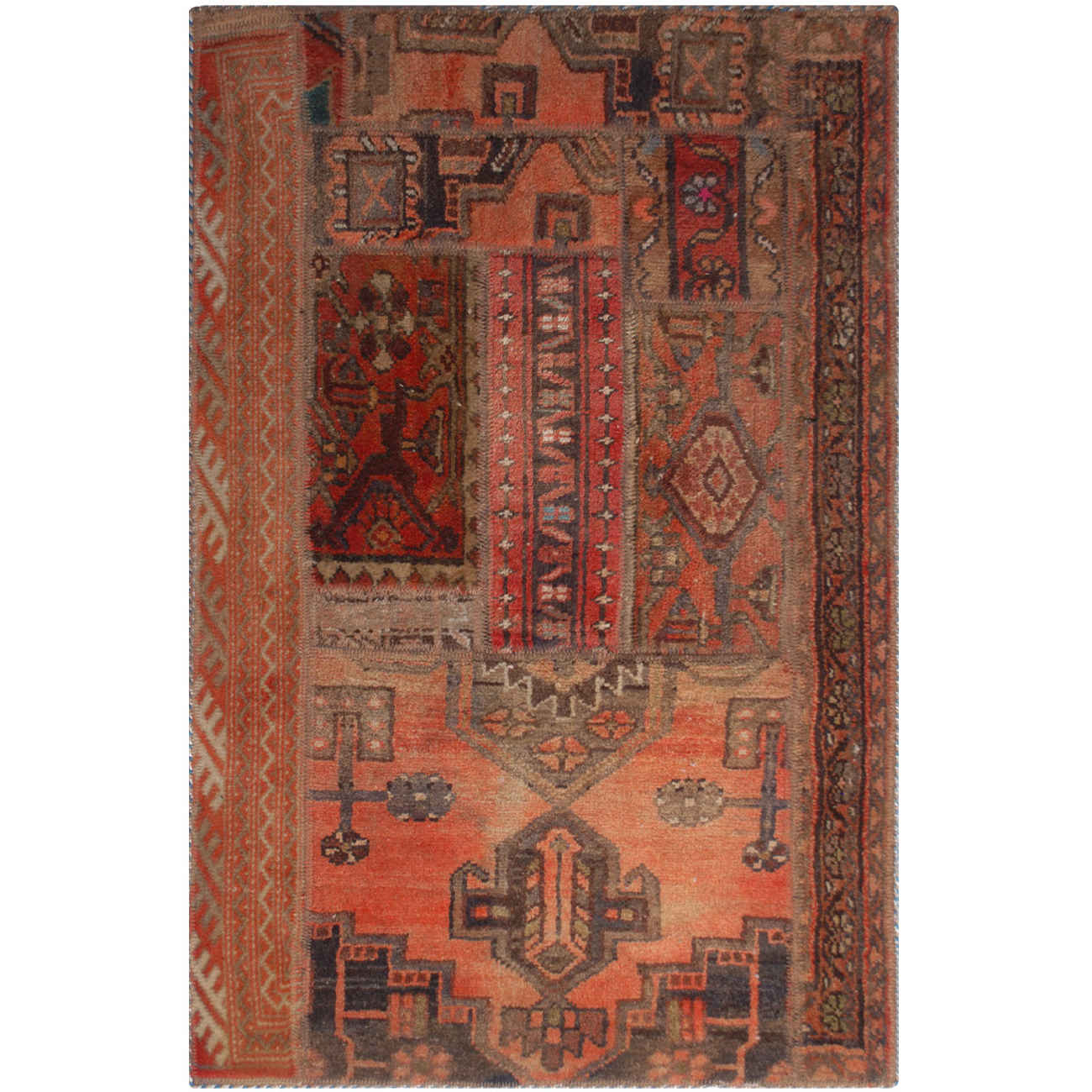 Price and Buy Vintage Persian Hand-Knotted Patchwork Carpet Brick Red