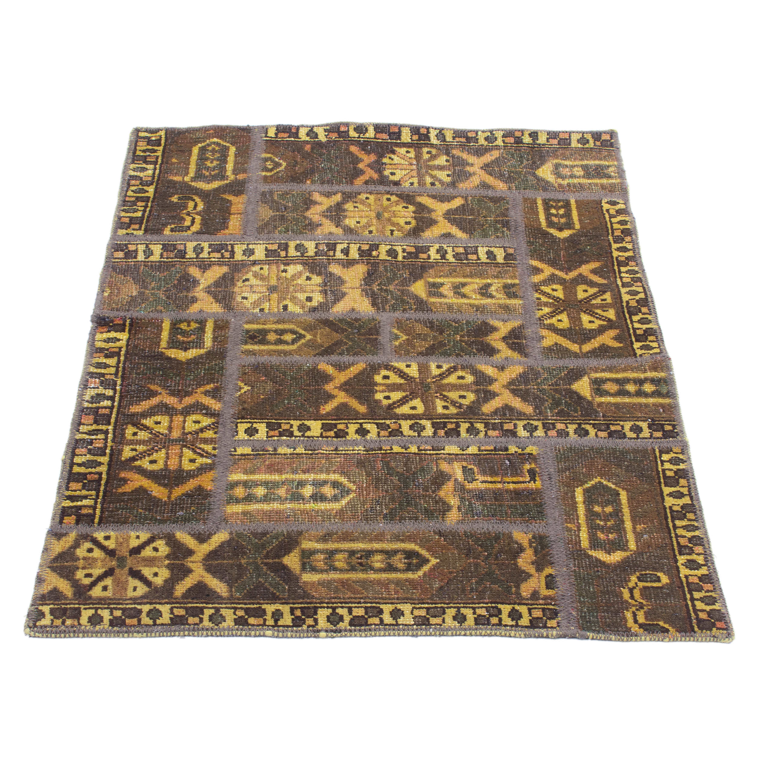 Price and Buy Vintage Persian Hand-Knotted Patchwork Carpet Geometric Brown - Image 4