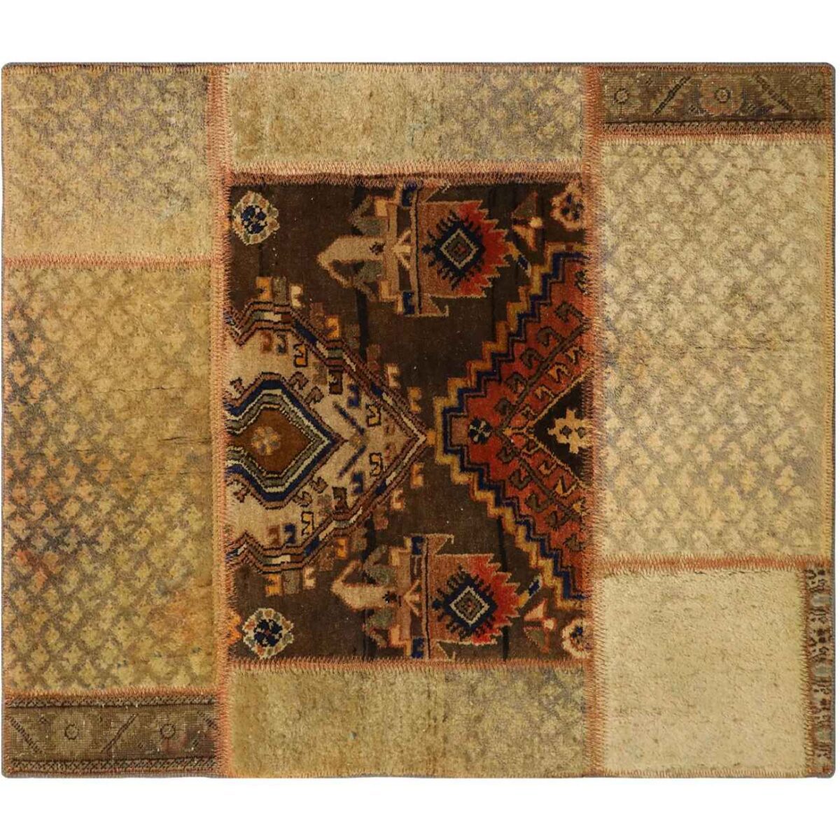 Price and Buy Vintage Persian Hand-Knotted Patchwork Carpet Geometric Brown - Image 5