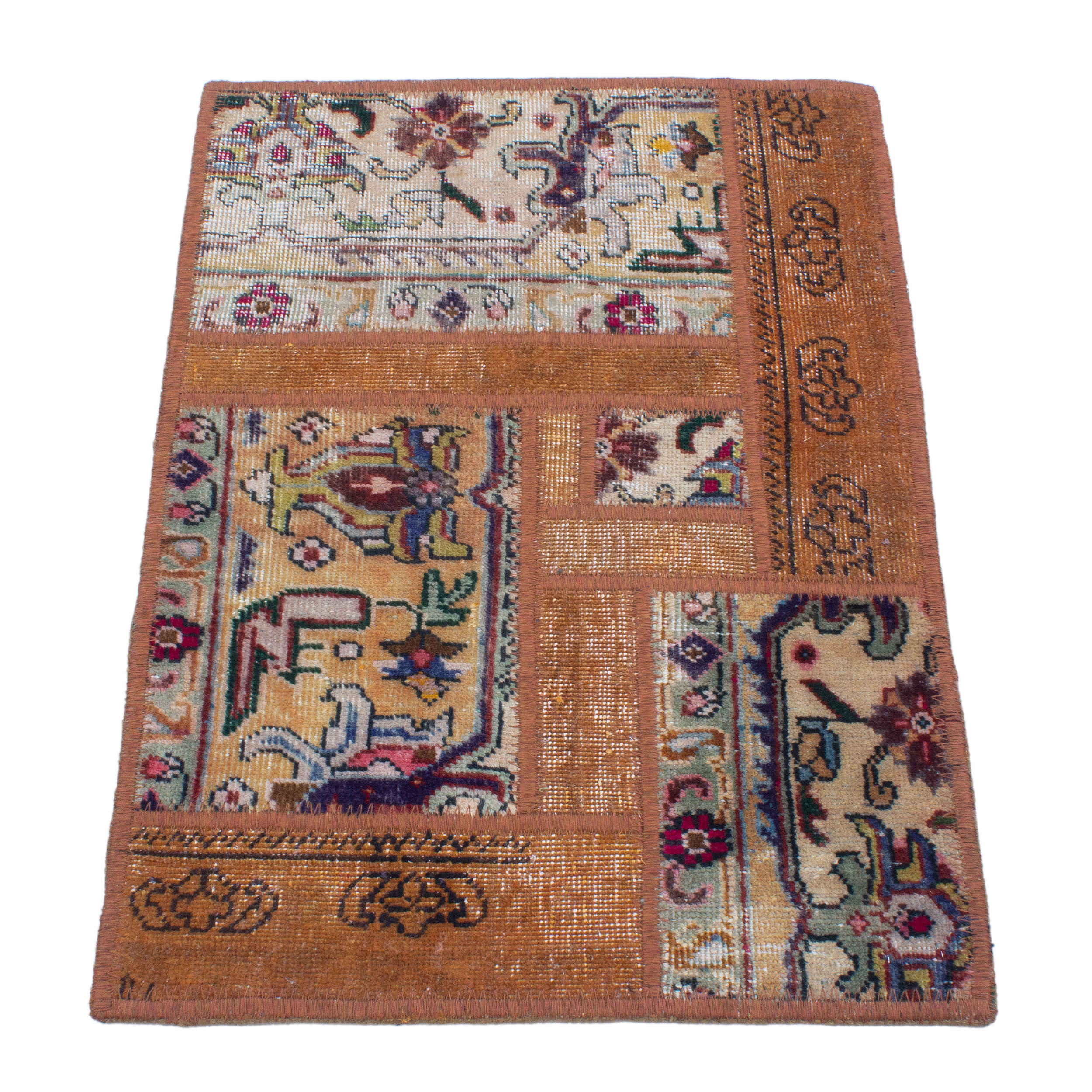 Price and Buy Vintage Persian Hand-Knotted Patchwork Carpet Geometric Brown - Image 6