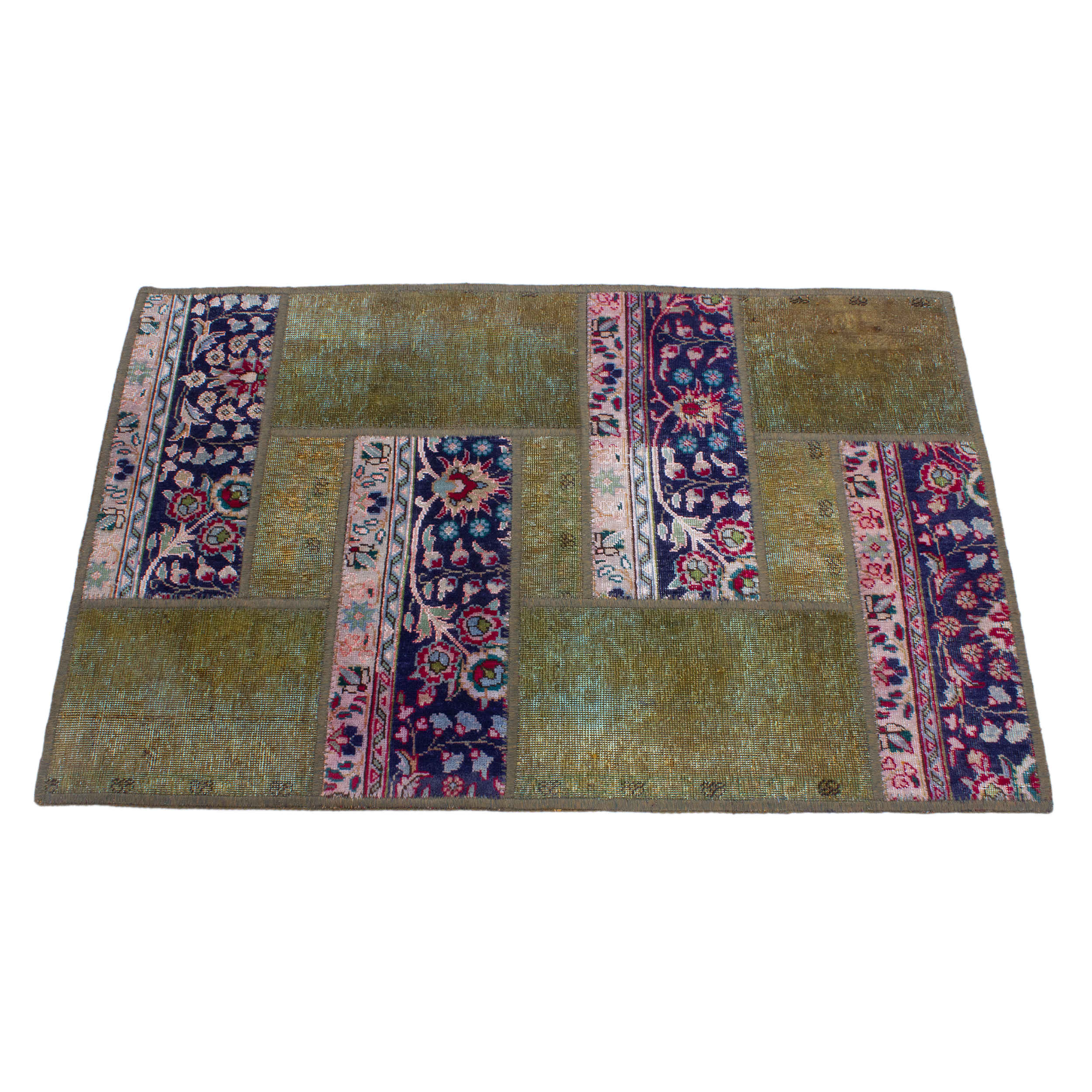 Price and Buy Vintage Persian Hand-Knotted Patchwork Carpet Geometric Green - Image 3