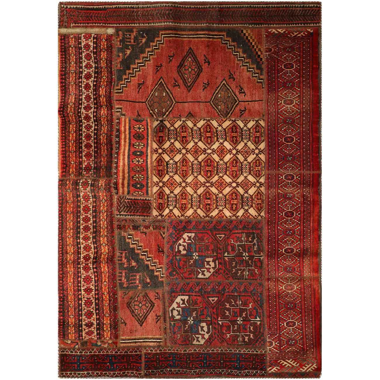 Price and Buy Vintage Persian Hand-Knotted Patchwork Carpet Geometric Red - Image 5