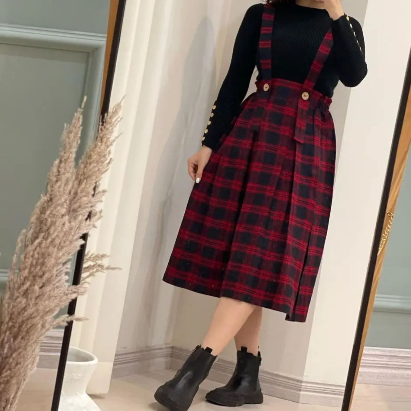 Price and Buy Women’s Skirt with Suspenders Outfit Featuring Checkered Design - Image 5