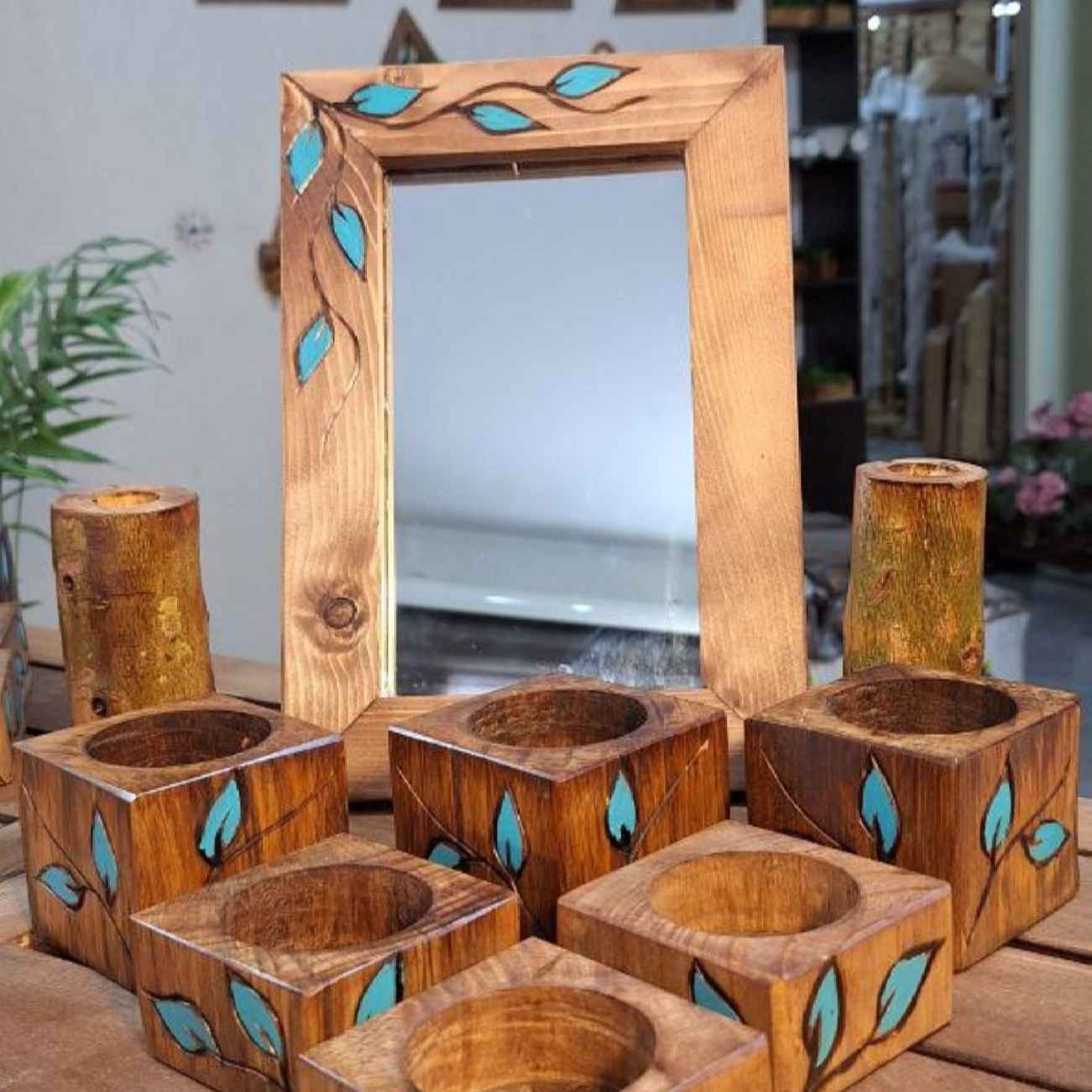 Price and Buy Wooden Haftseen Set Dishes with Mirror suitable for Nowruz Blue Leaf_6902001577c96.jpeg Price and Buy Wooden Haftseen Set Dishes with Mirror suitable for Nowruz Blue Leaf - Image 1