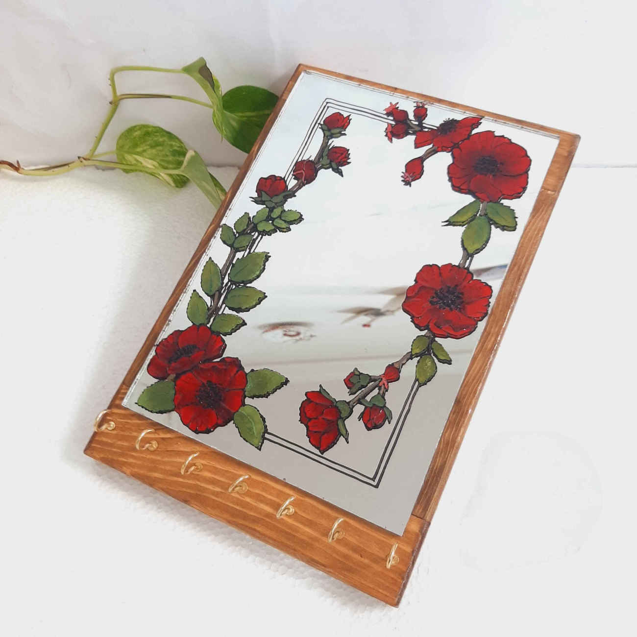 Price and Buy Wooden Mirror Key Hanger with Hand-Painted Red Flowers – Functional Wall Art_6903313419045.jpeg Price and Buy Wooden Mirror Key Hanger with Hand-Painted Red Flowers – Functional Wall Art - Image 1