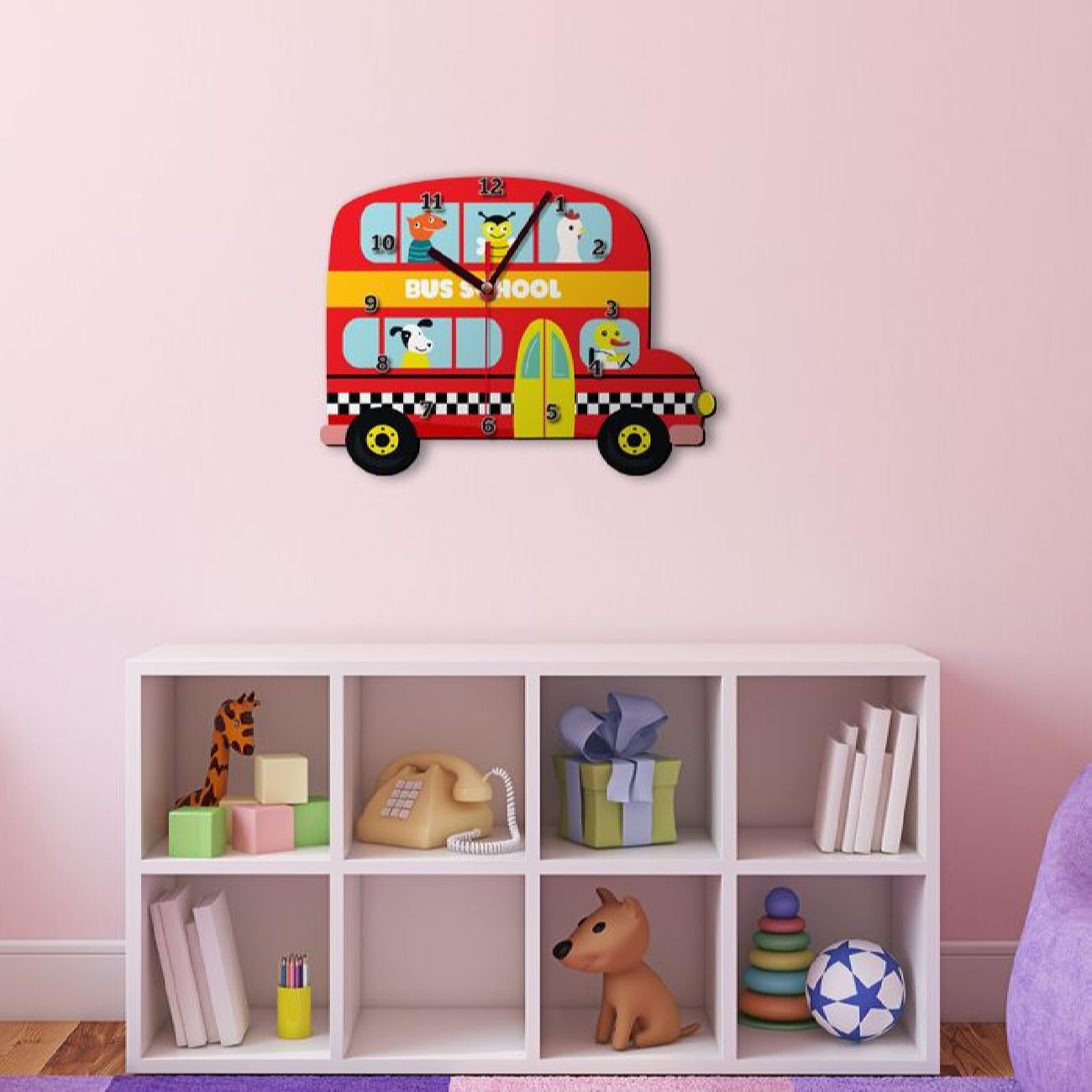 Price and Buy Wooden Nursery Wall Clock with Animal’s School Bus Design - Image 4