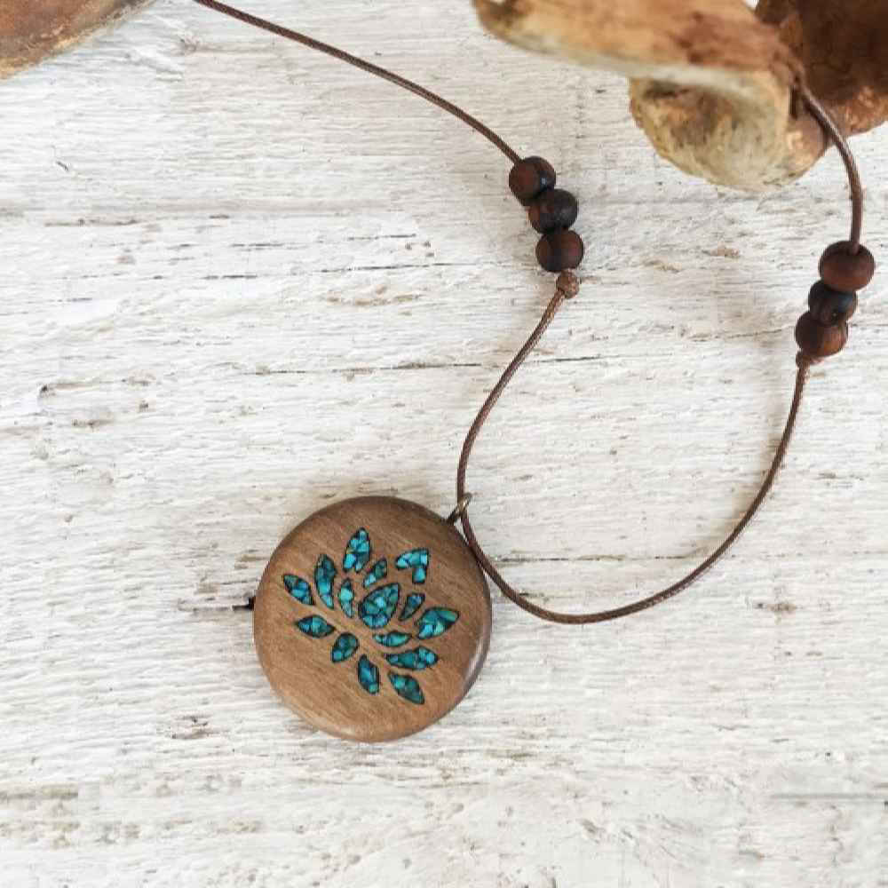 Price and Buy Wooden Pendant Necklace with Turquoise Artistic Style Nastaran