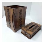 Price and Buy Wooden Waste Basket & Tissue Box Set – Floral Pattern - Image 3
