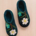 Price and Buy Wool Felt Slippers with Handcrafted Floral Pattern Teal